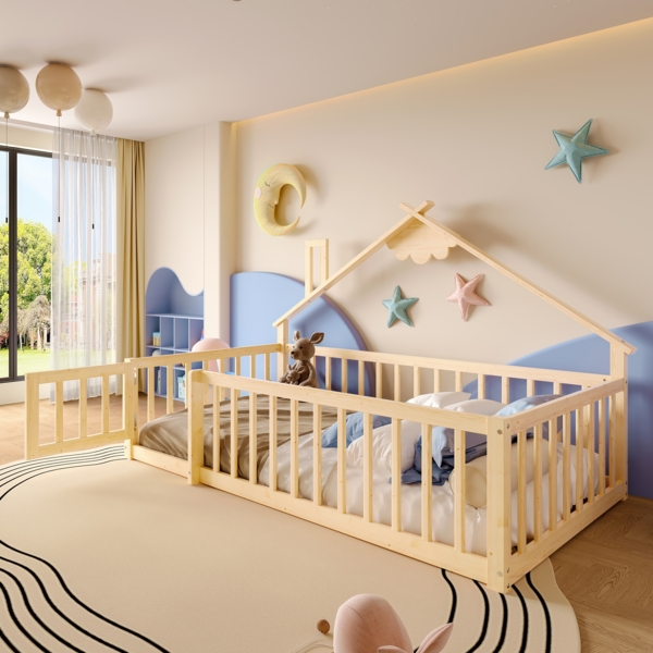 Flachbett Kinderbett Hausleiste Geländer mit Schloss Kiefernholz Natur 90 x 190 cm Bild 3