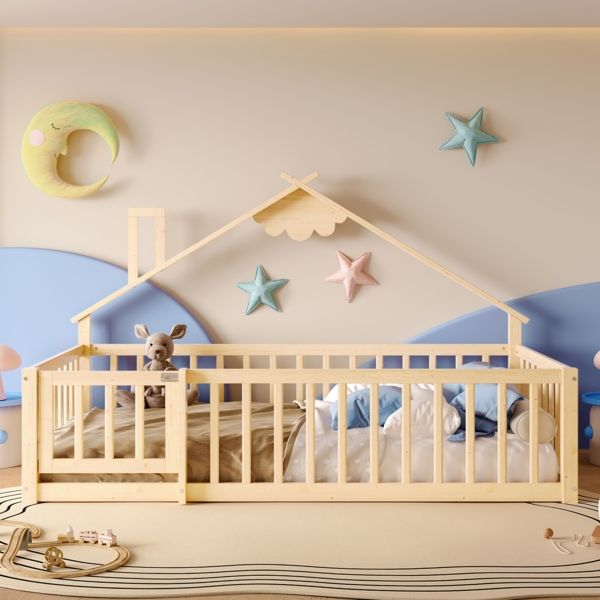 Flachbett Kinderbett Hausleiste Geländer mit Schloss Kiefernholz Natur 90 x 190 cm Bild 8