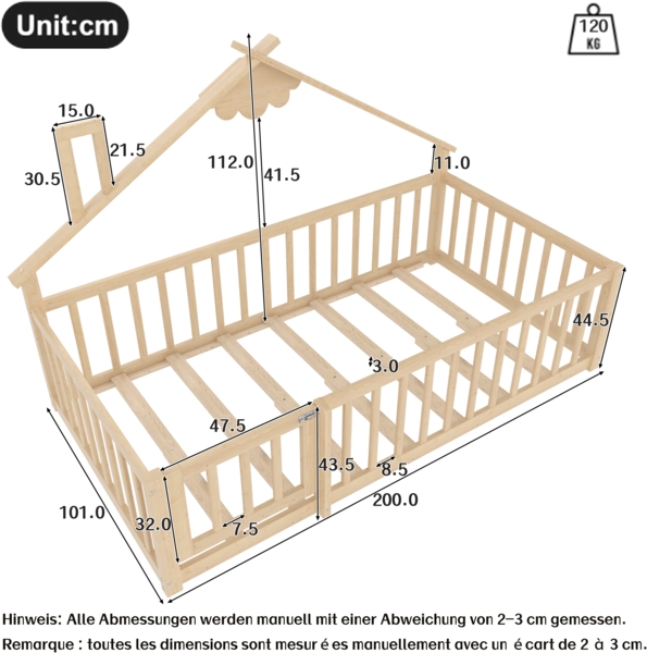 Flachbett Kinderbett Hausleiste Geländer mit Schloss Kiefernholz Natur 90 x 190 cm Bild 9