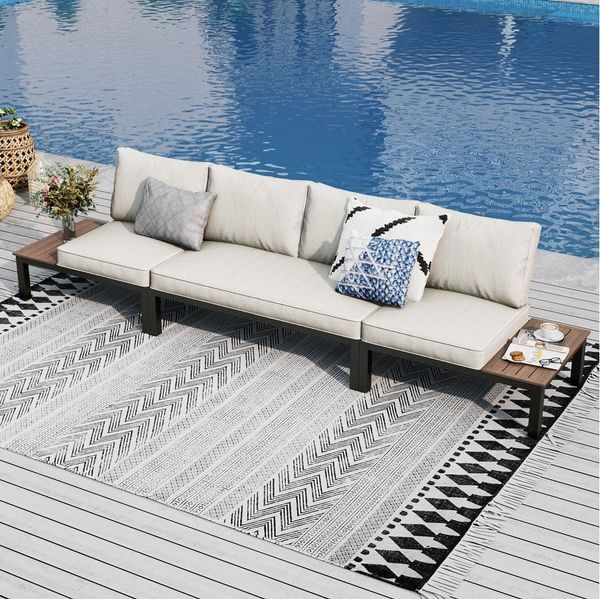 PHI VILLA Gartenlounge-Set, (Gartenmöbel Balkonmöbel mit Verstärkten Kissen und Kaffeetisch), Metall Lounge Möbel Outdoor Gartenlounge, Beige