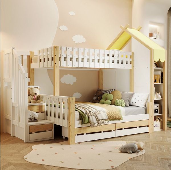 Flieks Etagenbett, Hausbett Kinderbett 90/140x200cm mit Schubladen, Stauraumtreppe, Regal