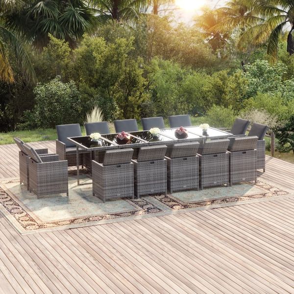 vidaXL 15-tlg. Garten-Essgruppe mit Kissen Poly Rattan Grau 3095591