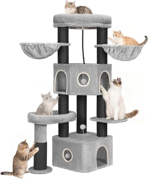 Kratzbaum, 163 cm Katzenbaum, 11 cm d Dicke Sisalstämme, für Große Katze, 2 Höhlen, Geräumige plattform, Plüschball, Katzenbürste, Mehrstöckiger Katzenkratzbaum, Hellgrau Schwarz
