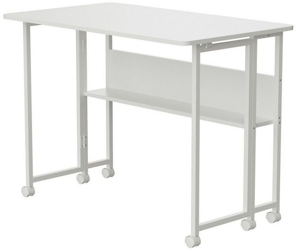 Maclean MC-126 W Klappbarer Mobiler Schreibtisch Weiß 100x58 cm mit Regal Stahlgestell 50 kg belastbar Computertisch Arbeitstisch Büro Tisch auf Rollen