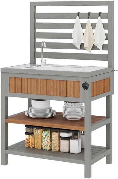 Merax Gartenschrank mit Wasserbecken & Wasserhahn integriertem Flaschenöffner – wetterfester Geräteschrank mit großer Arbeitsfläche & Schublade, Grillstation mit verstellbaren Regalen, Outdoor-Küchenschrank Bild 10