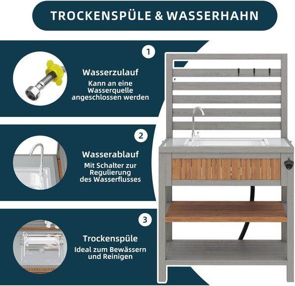Merax Gartenschrank mit Wasserbecken & Wasserhahn integriertem Flaschenöffner – wetterfester Geräteschrank mit großer Arbeitsfläche & Schublade, Grillstation mit verstellbaren Regalen, Outdoor-Küchenschrank Bild 6