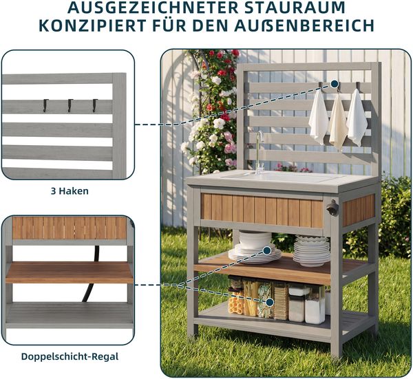 Merax Gartenschrank mit Wasserbecken & Wasserhahn integriertem Flaschenöffner – wetterfester Geräteschrank mit großer Arbeitsfläche & Schublade, Grillstation mit verstellbaren Regalen, Outdoor-Küchenschrank Bild 5