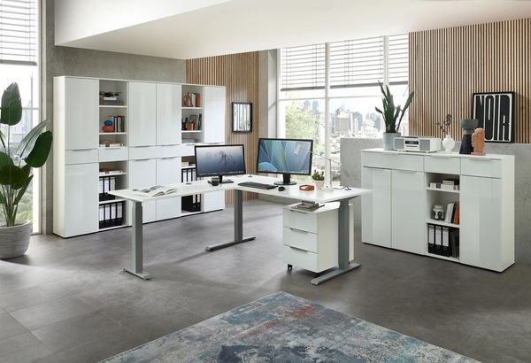 10-tlg. Komplettbüro SANTORIN Weiß & Glas – inkl. Eckschreibtisch