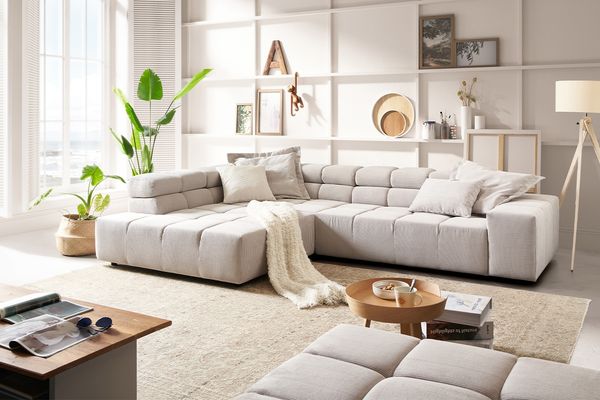 KAWOLA Sofa NEVADA Ecksofa Feincord silber mit motorischem Sitzvorzug Recamiere links 70 x 215 x 319 cm