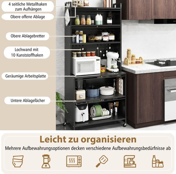 Küchenschrank mit 6 Ebenen Buffet-Schrank mit Regal freistehendes Backregal mit Stauraum Schwarz