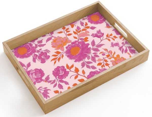 OnlyWow Tablett Rechteckig mit Henkel Florales Muster - Rosa - Orange - Blumen, Eichenholz, (1-tlg), Siervierplatte, Tray, Frühstücksbrett