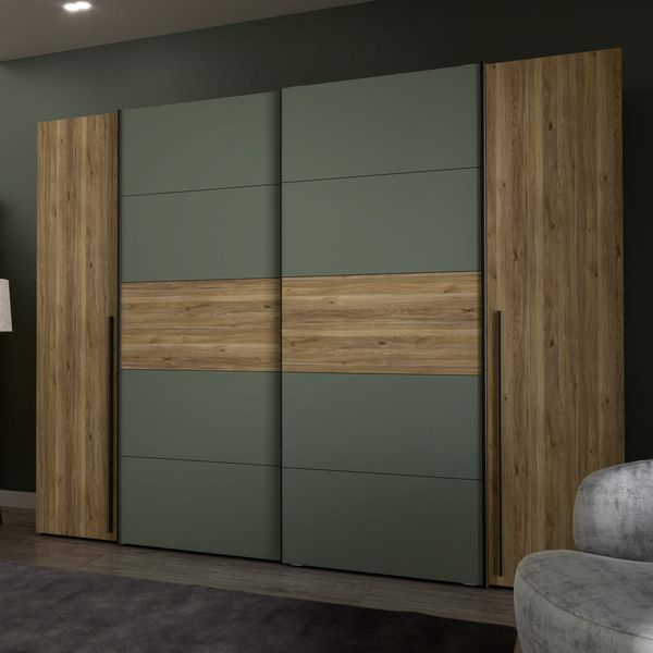 Kleiderschrank Nigel / Narago, Holzwerkstoff, Grün, Holzfarben, 270 x 210 x 61 cm