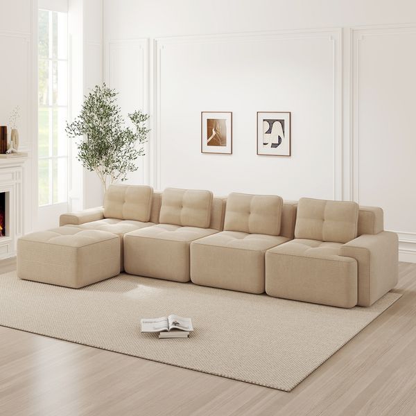 Modulares 4-Sitzer Sofa 69cm×382cm×177cm mit Chaiselongue – boneless Cordsofa in Beige, ohne Montage
