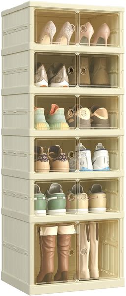 SONGMICS Schuhschrank, Schuhregal schmal, Schuh-Organizer klappbar, durchsichtige Tür, für 12 Paar Schuhe, für Stiefel, Turnschuhe, Flur, Wohnzimmer, 6 Ebenen, cremeweiß LSP912WD01