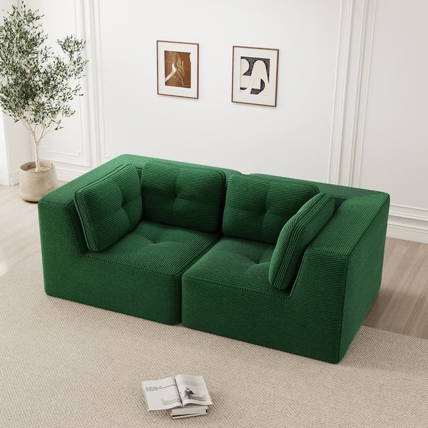 Ecksofa modular 69cm×208cm×104cm aus Cord in Grün – rahmenloses Sofa mit breiten Armlehnen