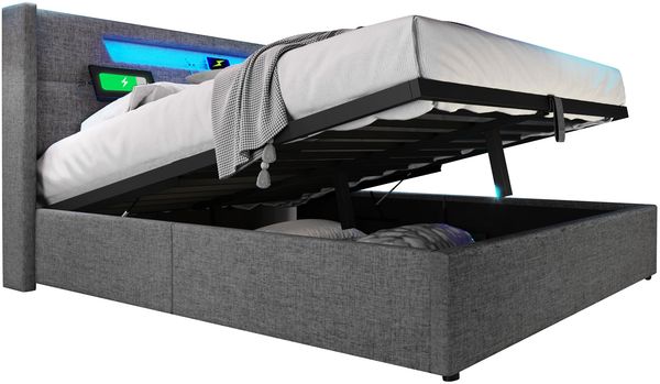 Polsterbett mit LED-Beleuchtung 140x200 cm, USB- und Type-C-Ladefunktion, verstellbarer Lattenrost,Grau,inklusive Matratze Bild 10