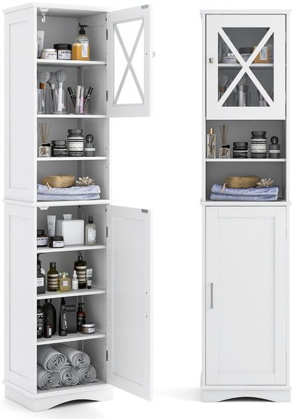 Schmaler Badezimmerschrank mit 5 Verstellbaren Regalen & 2 Türen Freistehender Hochschrank Weiß