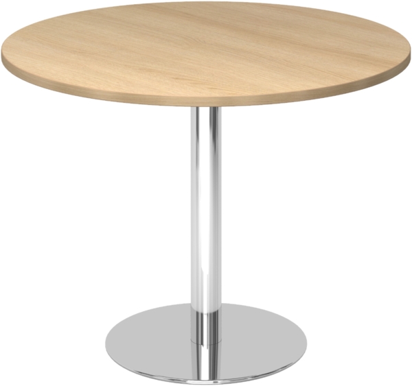 bümö Besprechungstisch, Esstisch klein, Tisch rund 100 cm - kleiner Esstisch Eiche, Rundtisch Esstisch 2 Personen mit Holz-Platte, Säule aus Metall verchromt, Konferenztisch, Bistrotisch, STF10-E-C