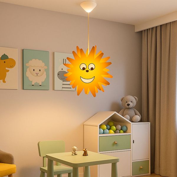 RGB LED Hängeleuchte, Kinder, Sonnen, Holz, gelb, D 38 cm