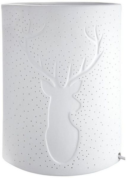 GILDE Tischleuchte Porzellan Lampe Ellipse Hirsch weiß 26cm