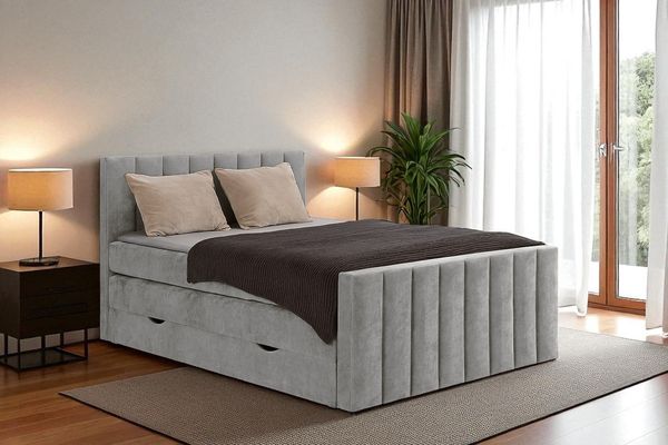 MEBLINI King Boxspringbett VARANO 120x200 cm mit Bettkasten – H4/Grau Samt Polsterbett - Gepolstert Doppelbett mit Matratze und Topper - Polsterbett mit Stauraum - Bett mit Kopfteil – Stauraumbett