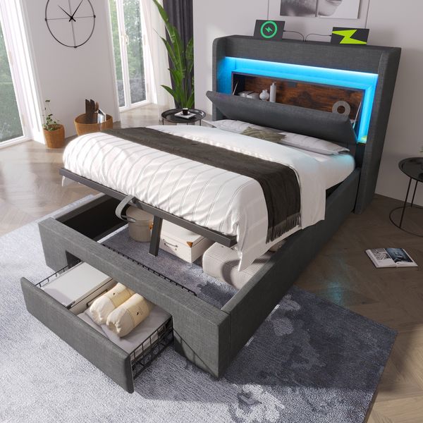 Novelux Polsterbett 90x200 cm mit Stauraum, LED-Beleuchtung & USB-C Anschluss – Leinen Grau, Jugendbett mit Lattenrost, Kopfteil und hydraulischem Bettkasten