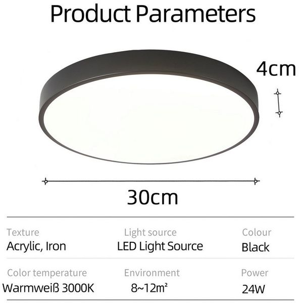 style home LED Deckenleuchte Flach Rund Deckenlampe aus Metall, Warmweiß 3000K, 24W/36W/48W, LED fest integriert, nicht dimmbar, Warmweiß 3000K, Schwarz 30*30*4cm für Schlafzimmer Wohnzimmer Küche Büro Flur Diele
