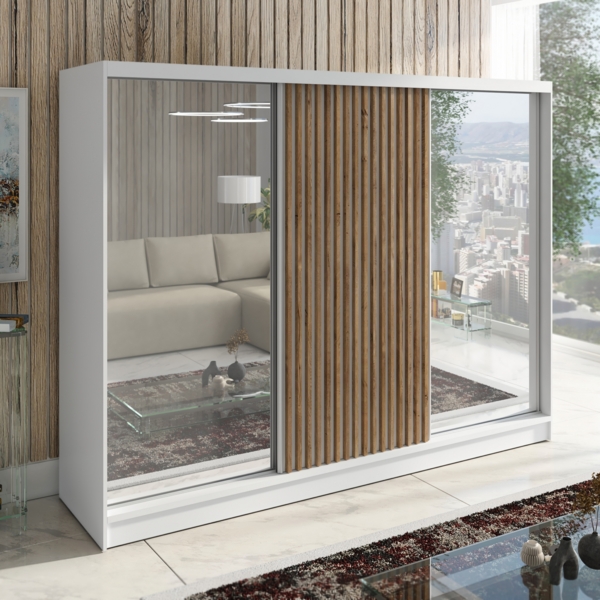 Schwebetürenschrank DIVER 3-türig Schrank 200 cm (mit Spiegel) Farbe: Weiß