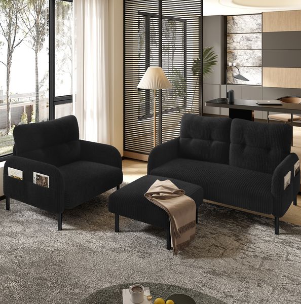 Sofagarnitur 3-teilig 79×187×75 cm mit 2-Sitzer, Sessel und Hocker – Cord in Schwarz, flexible Kombination