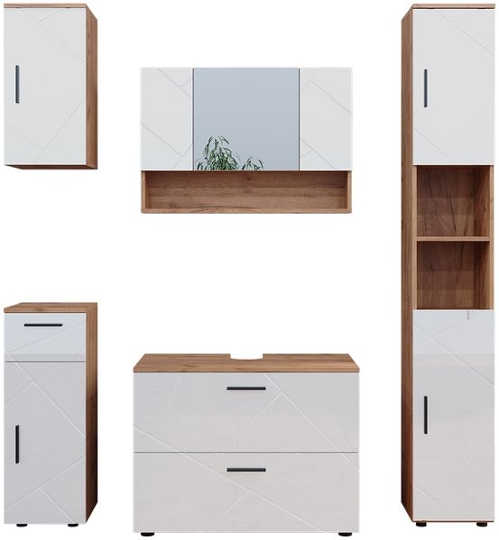 Badmöbel-Set Irma Weiß Hochglanz/Goldkraft Eiche 5 Teile Vicco
