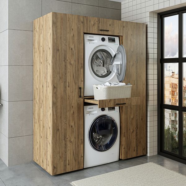 Roomart DUO-I Waschmaschinenschrank Schrankwand 157 cm – Waschmaschine & Trockner + Hochschrank | • Eiche