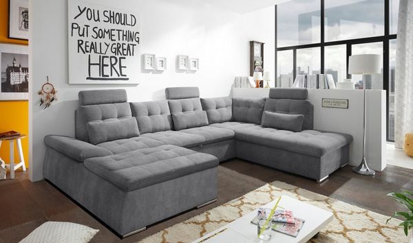 ED EXCITING DESIGN Wohnlandschaft Nalo U-Form mit Bettfunktion, Bettkasten, Armteilverstellung, Kopfstützen & 3 Nierenkissen