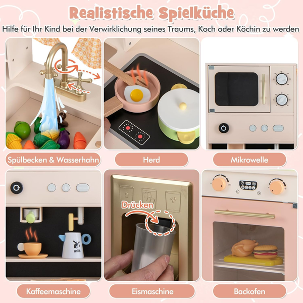 Kinderküche mit Kochzubehör Spielküche Holz mit Mikrowelle 102 x 35 x 110 cm Rosa