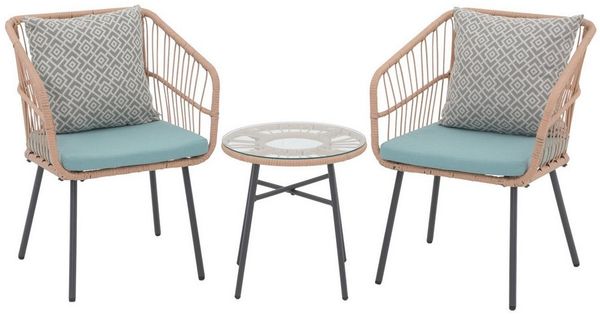 JOIVI Bistrostuhl Outdoor 3-tlg Bistro Set (Wetterfeste Rattan Gartensofa Set mit 2 Stühle und Beistelltisch), für Veranda, Garten, Balkon, Turquoise(Kissen)