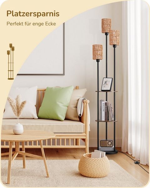 EDISHINE Stehlampe Wohnzimmer, LED wechselbar, warmweiß, 3-flammige Vintage Stehleuchte mit Regal