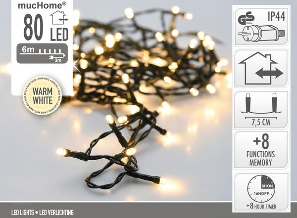 mucHome LED-Lichterkette warmweiß mit inkl. 8 Funktionen und Timer-Funktion IP44 Weihnacht