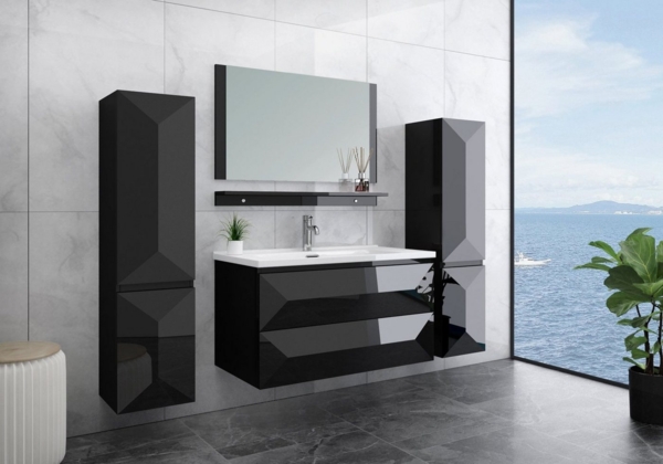 Faizee Möbel Badmöbel-Set Faizee Möbel, Badmöbelset Miran 90 cm Schwarz Hochglanz