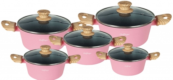 Kochtopf Kasserolle Topf Set 10-tlg Glasdeckel Induktion Cheffinger pink CS01