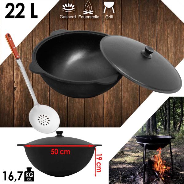 Gusseisen Kasan 22L rund NAMANGAN Aluminium Deckel Campingtopf Kazan WOK Kessel Camping BBQ Asia Schaumkelle