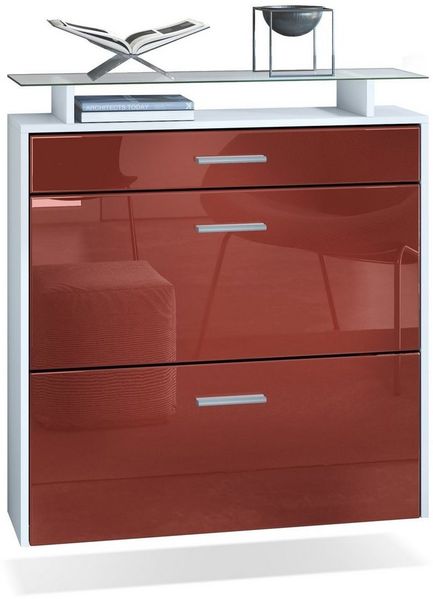 Vladon Schuhschrank Malea, hängender Schuhkipper für 16 Paar Schuhe mit 2 Klappen und 1 Schublade und Glasablage, Weiß matt/Bordeaux Hochglanz (89 x 96 x 23 cm)