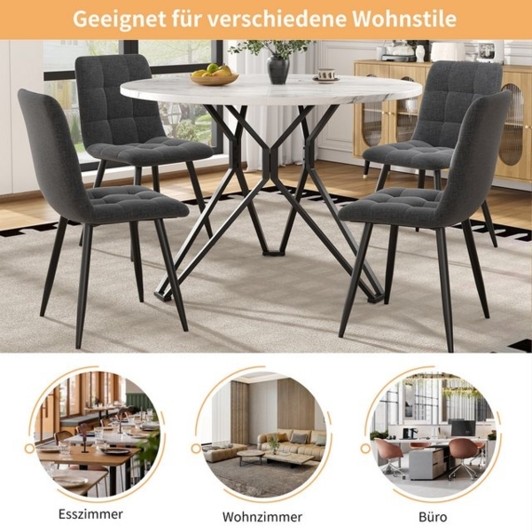 HAUSS SPOLE Essgruppe 5-tlg mit 4 Stühlen, Runder Küchentisch mit schwarzen Metallbeinen, (Modernes 5-teiliges Esstisch-Set – Runder Tisch (100 cm Durchmesser) mit MDF-Marmor-Tischplatte, Schwarze Metallbeine, 4 graue Samt-Stühle, 5-tlg) Bild 4