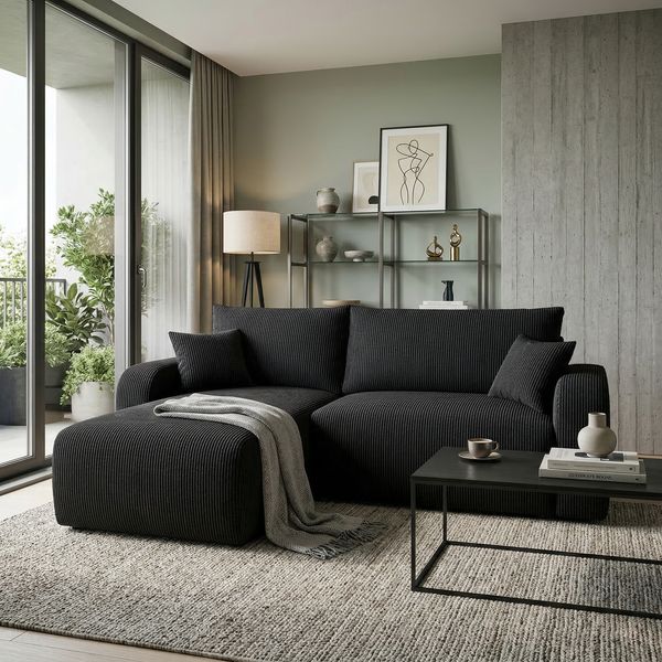 Wohnero24 Habana Ecksofa 251x153 cm mit Schlaffunktion 207x133 cm – Eckcouch mit Bettkasten – Cord Schwarz Sofa L-Form – Wohnlandschaft Modern – Universal Montierbar