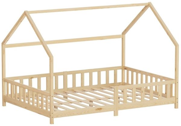 ML-DESIGN Spielbett Hausbett Kinderbett inkl. Lattenrost kreativ Bodenbett für Kinder, Abenteuerbett zum Spielen mit Rausfallschutz Kiefer Natur Himmelbett
