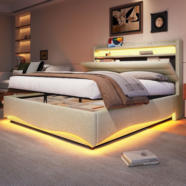 Polsterbett 140×200 cm mit LED, Bettkasten und USB/Typ-C, Leinenstoff Beige, ohne Matratze