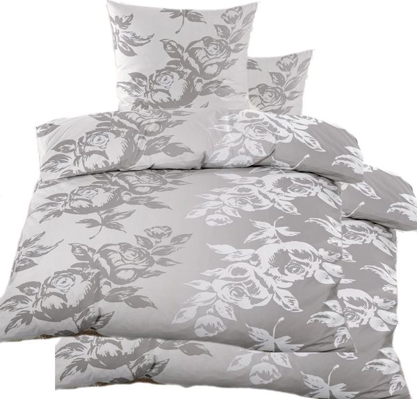 KH-Haushaltshandel Bettwäsche 4-tlg. Biber Winter Bettwäsche 2x(135x200 + 80x80cm), Blüten, Biber, 4 teilig, grau weiß, warm, flauschig weich, Baumwoll Mischgewebe