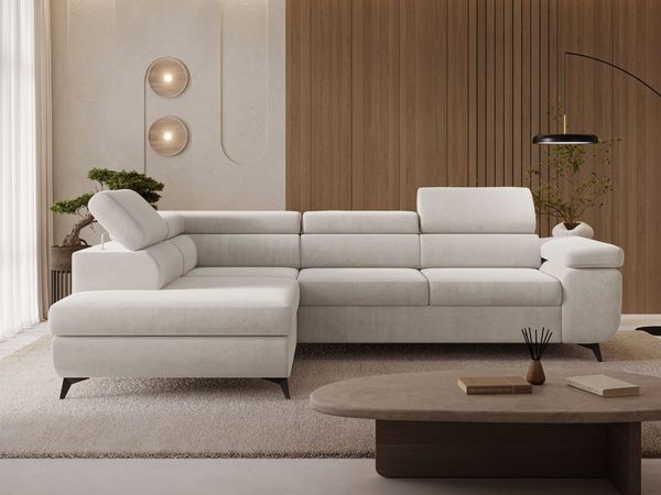GRAINGOLD Ecksofa mit Bettfunktion, Bettkasten, Einstellbaren Kopfstützen, Velvet-Stoff, Hellbeige, Links
