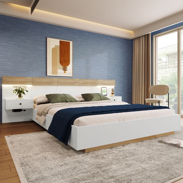 Doppelbett 140x200 cm mit 2 LED-Nachttischen und USB/Typ-C – Holzbett in Sonoma-Eiche/Weiß