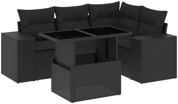 vidaXL 5-tlg. Garten-Sofagarnitur mit Kissen Schwarz Poly Rattan 3269135