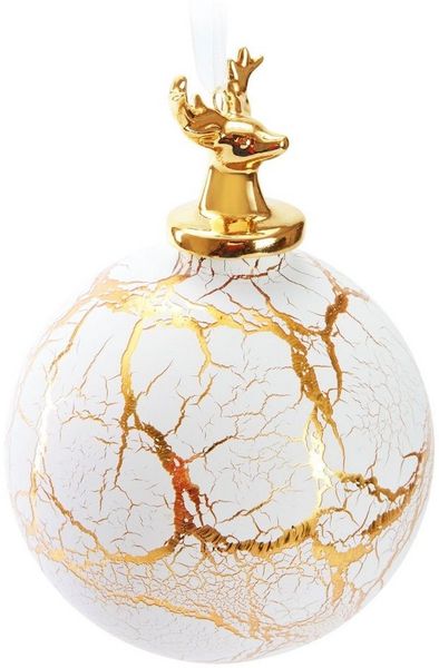 BRUBAKER Weihnachtsbaumkugel Premium Weihnachtskugel Hirsch auf Marmor Kugel Weiß Gold (1 St), 10 cm Baumkugel mit Hirschkopf Figur - Glas Dekoration in Marmor-Optik