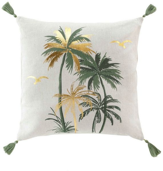 Macosa Home Dekokissen Kissen 45 x 45 cm Weiß Grün Gold Palmen Quasten Baumwolle, Metallfaser mit Reißverschluss inkl. Füllung Sofakissen